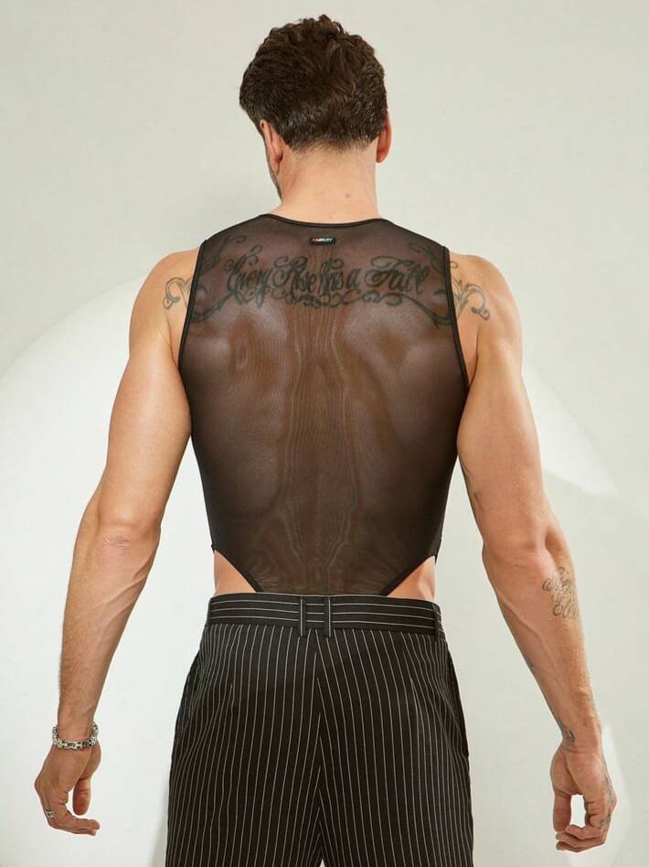 FASHION-CITY Men's Mesh Sheer Sexy Round Neck Sleeveless Bodysuit